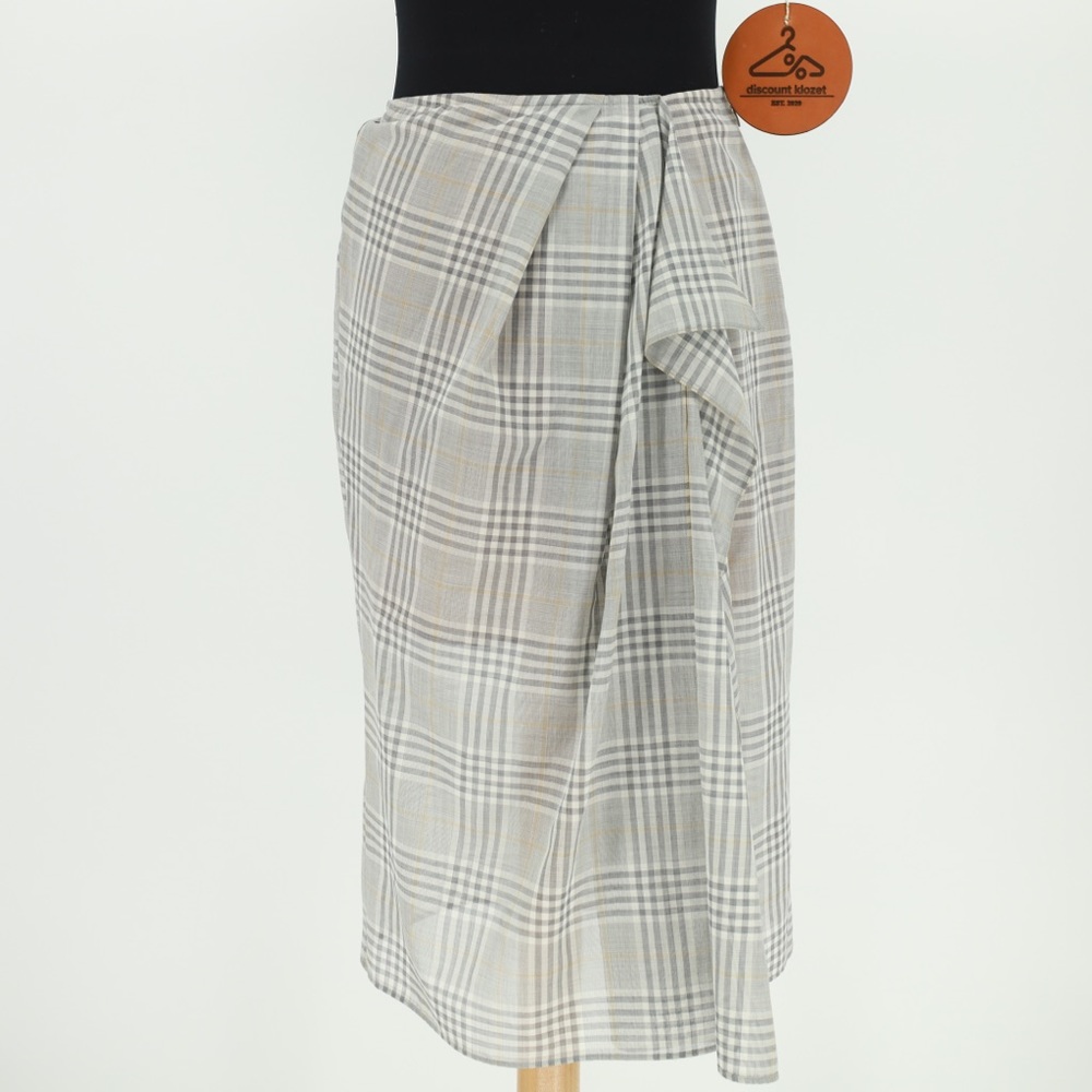 AGNONA GRAY PLAID SIDE RUFFLE DETAIL WOOL & SILK BLEND SKIRT